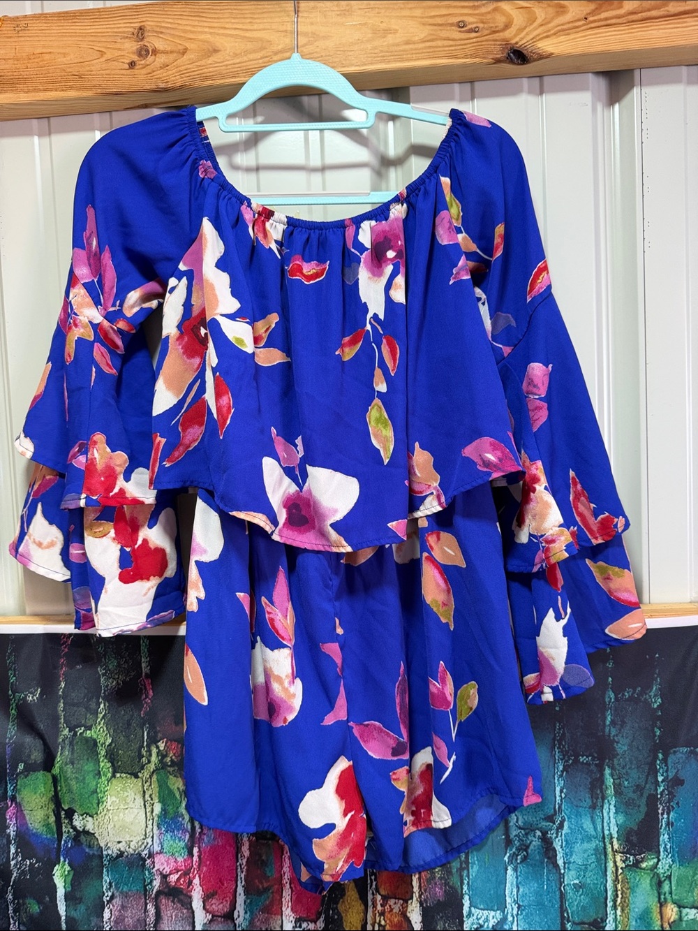 Pink Lily Royal Blue Floral Off-Shoulder Romper